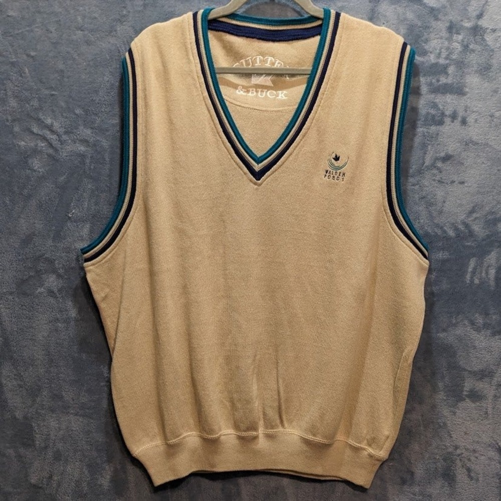 Vtg Cutter & Buck Men Beige V-Neck Sweater Vest Walden Ponds Golf Embroidered XL